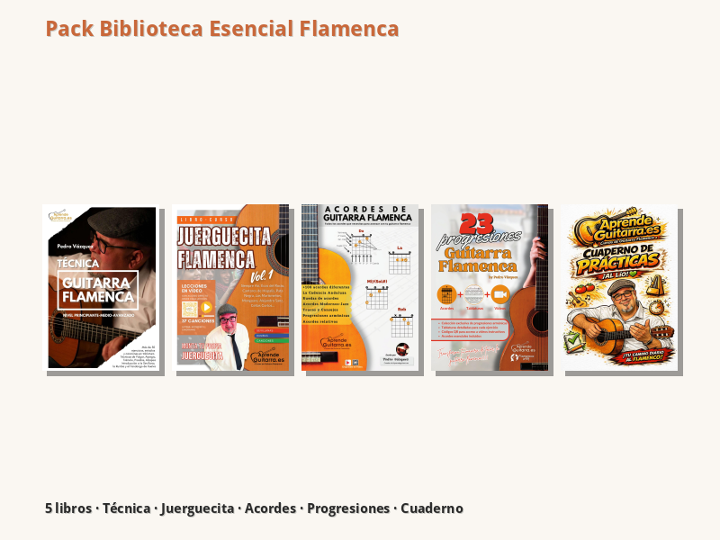 Pack Biblioteca Esencial Flamenca – los 5 libros de guitarra flamenca de Pedro Vázquez: técnica, acordes, progresiones, cancionero y cuaderno de prácticas