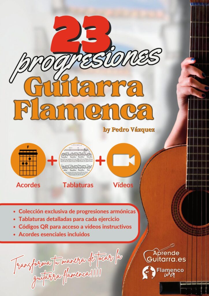 Portada libro 23 Progresiones de Guitarra Flamenca con tablatura – arpegio, picado y rasgueo, A4