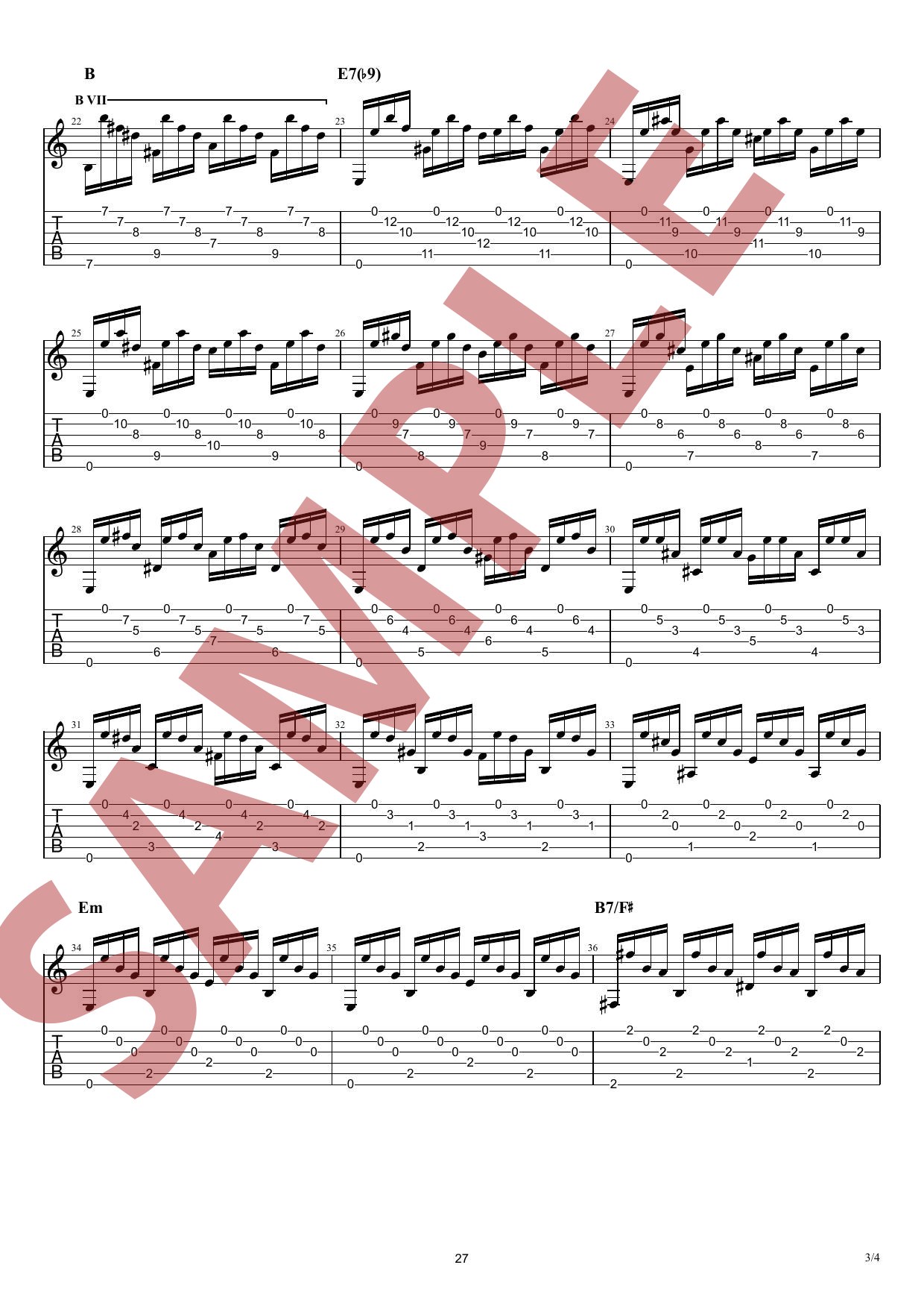 Página de ejercicios de picado flamenco con tablatura del método de Pedro Vázquez